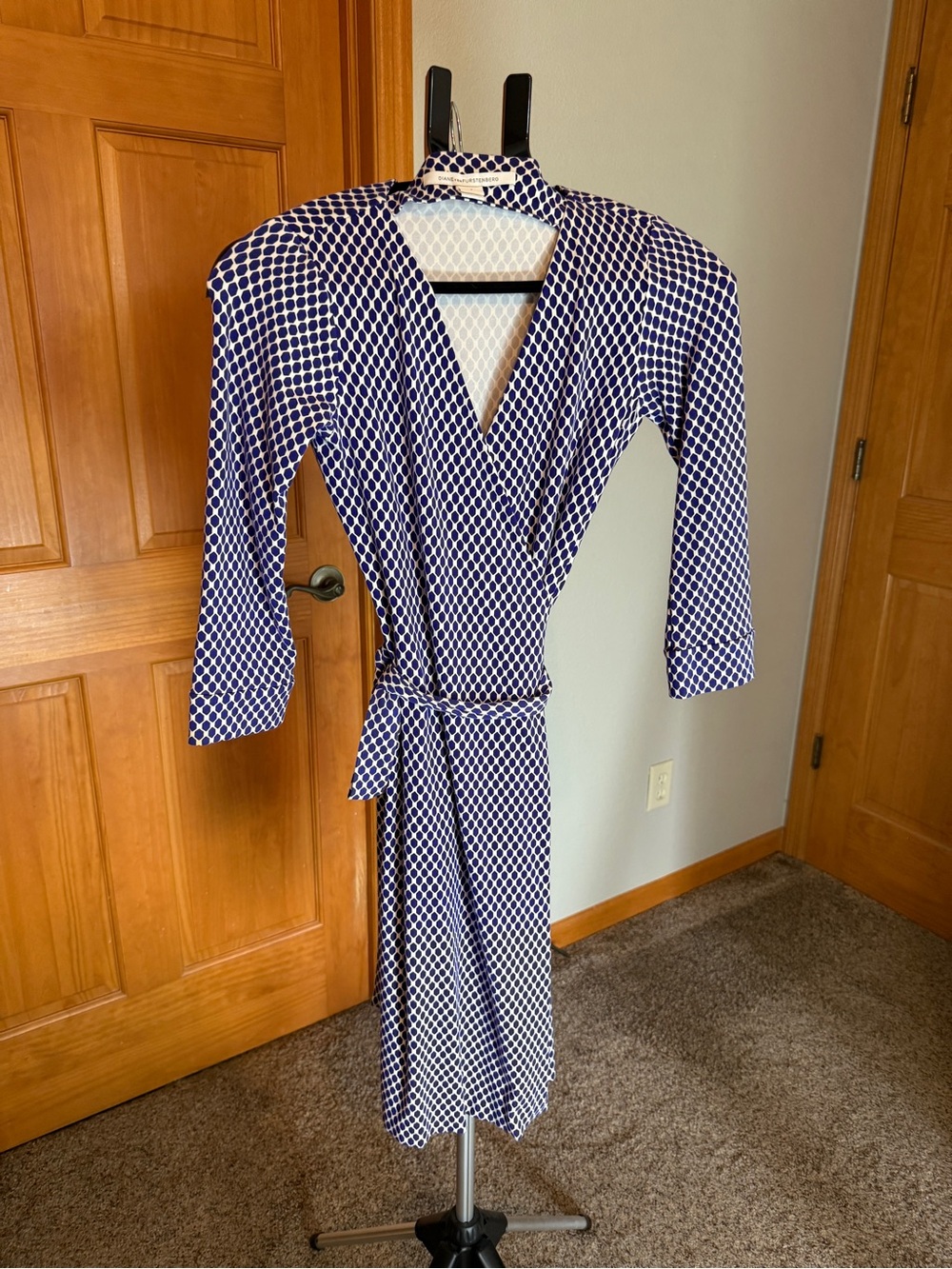 Diane Von Furstenberg Navy and White Geometric Wrap Dress with Self-Tie Waist